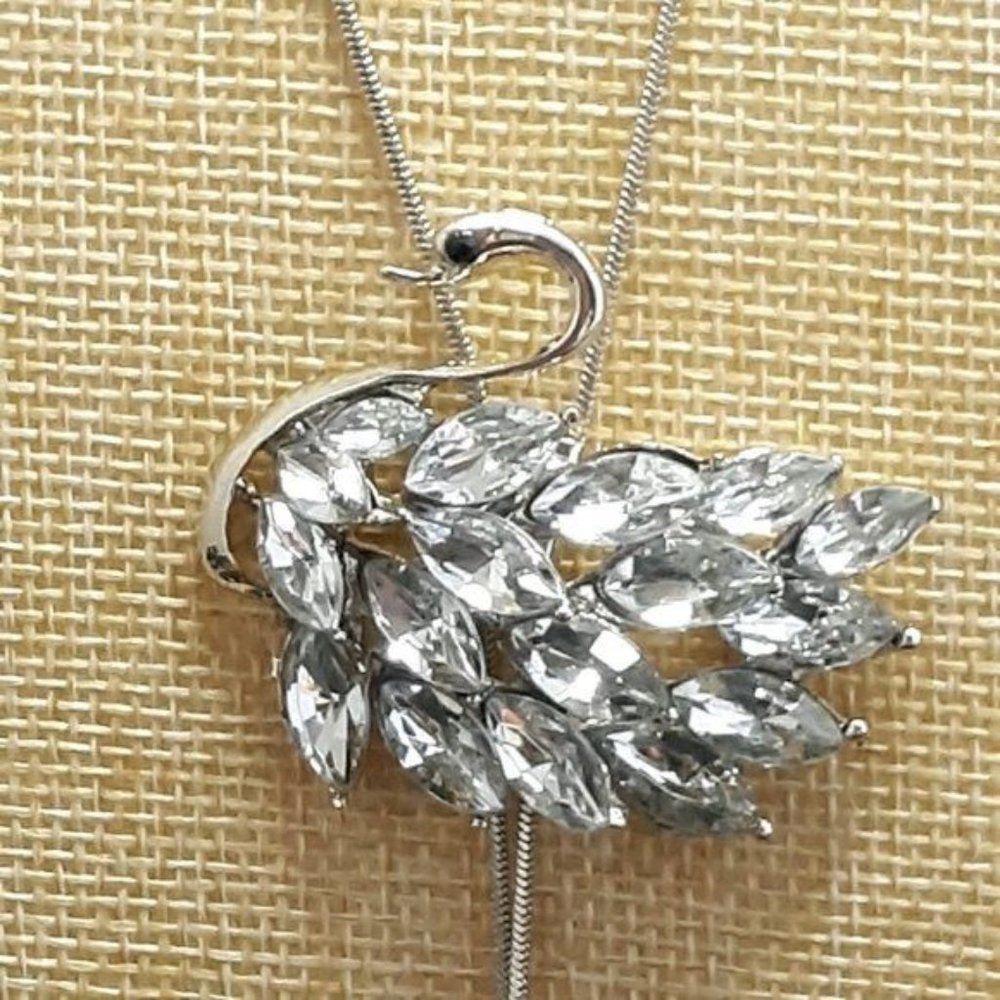 Silver Tone Rhinestone Swan Bolo Necklace